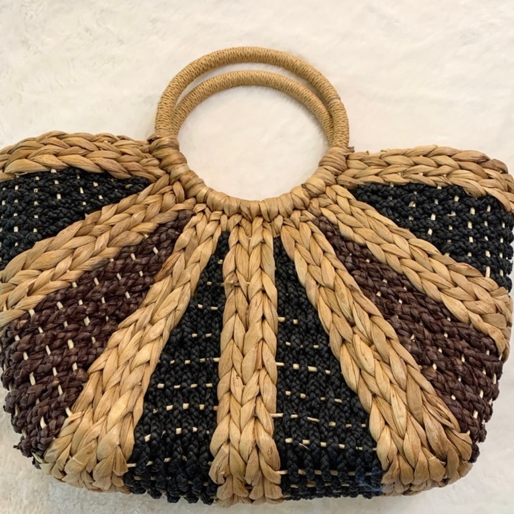 Vintage Brown & Black Straw Tote Bag Straw Studios